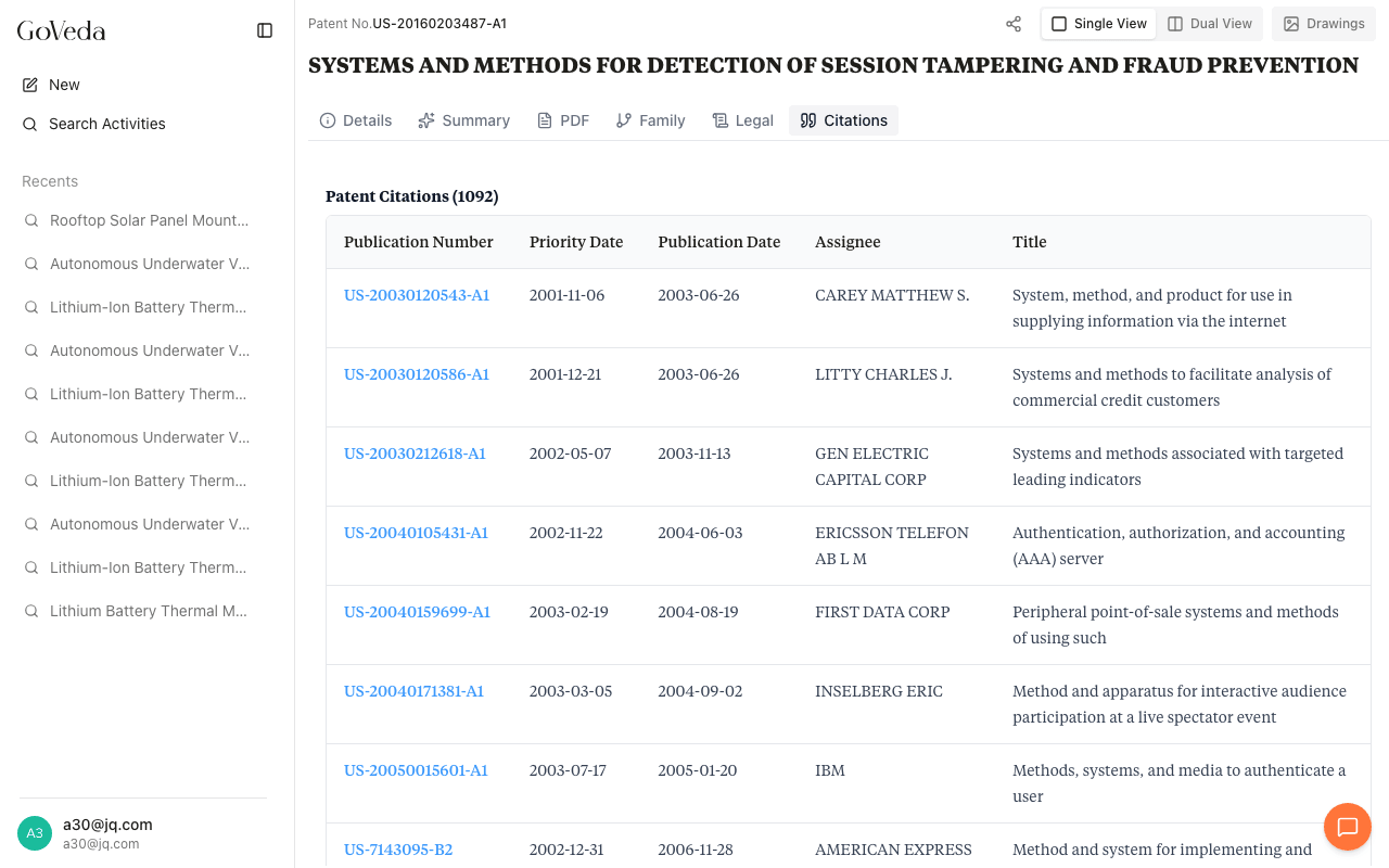 Citations tab showing Patent Citations, Non-Patent Citations, and Cited By sections