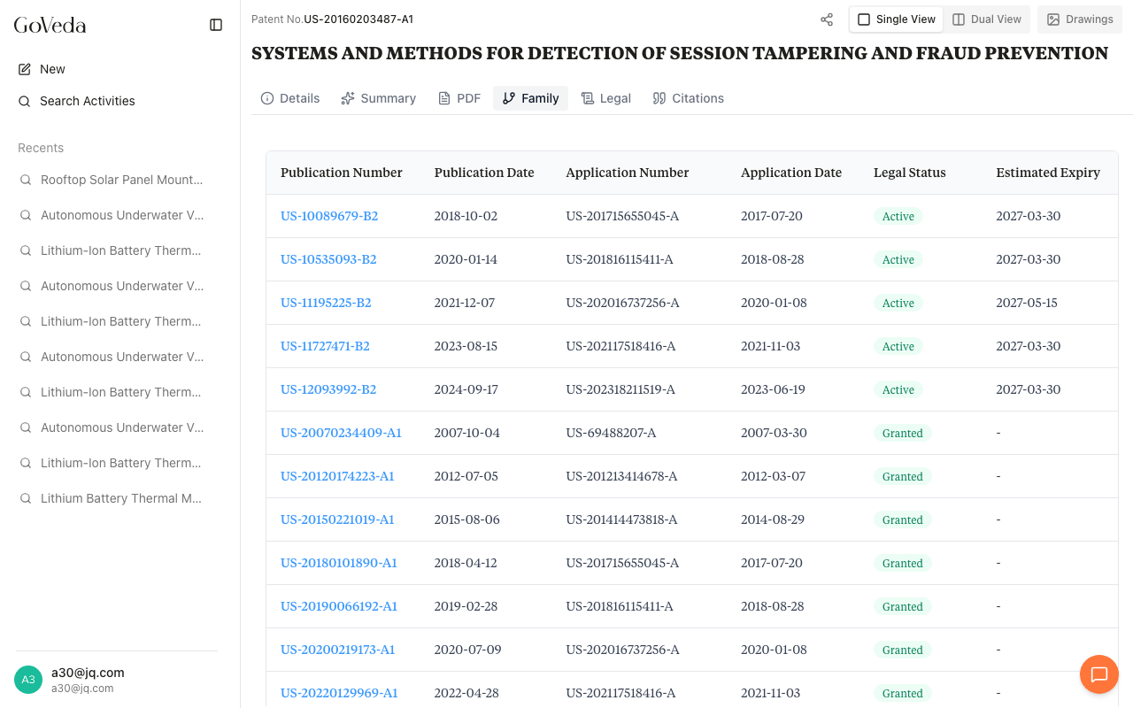 Family tab showing cards or table of family member patents